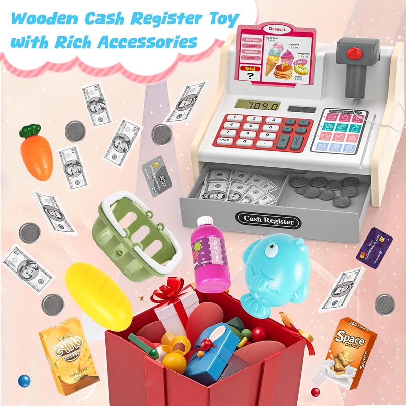 maysida Store Rechargeable Wooden Kids Cash Register with Scanner, Pretend Play Cash Register Toy with Fake Money, Food, Credit Card, Toddler Boys Girls Age 2-4 4-8 - Image 4